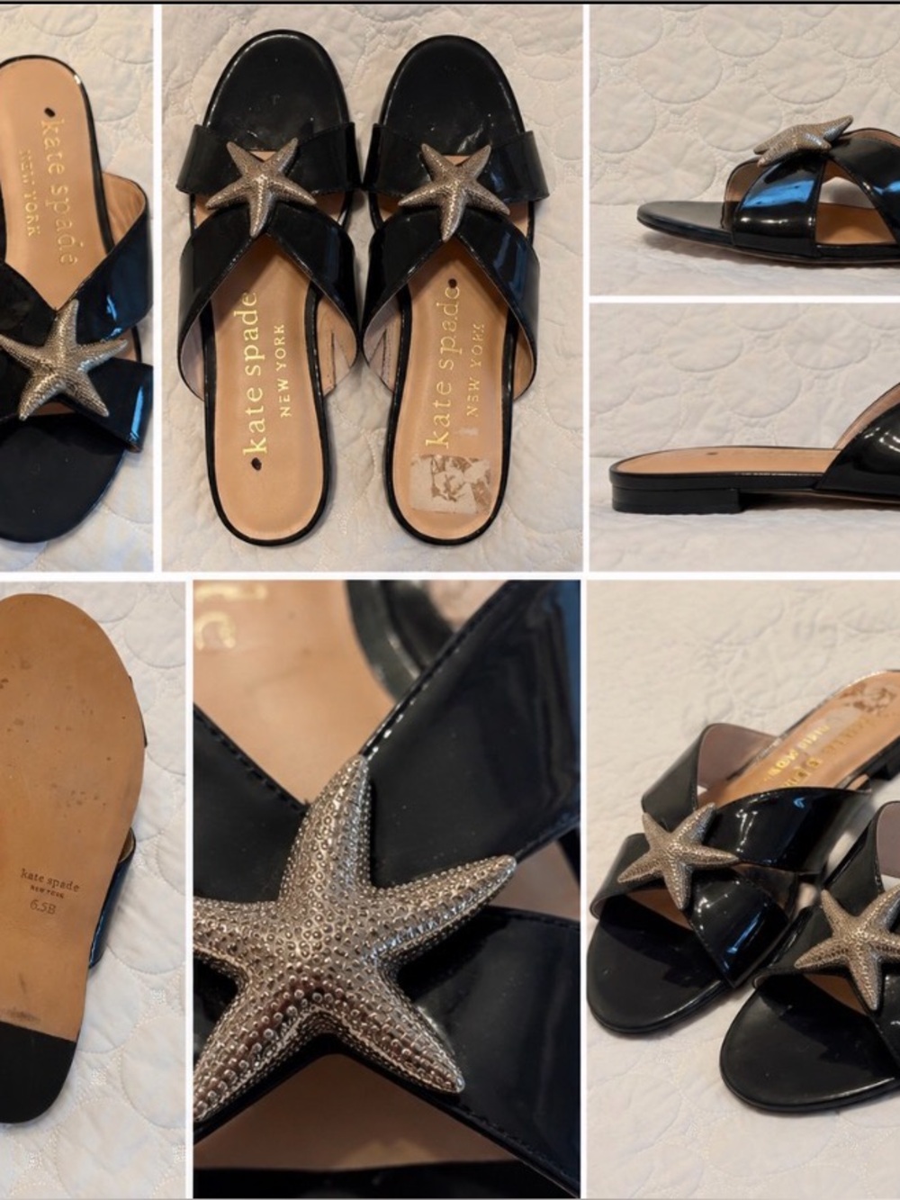 kate spade Black Patent Starfish Slide Sandals